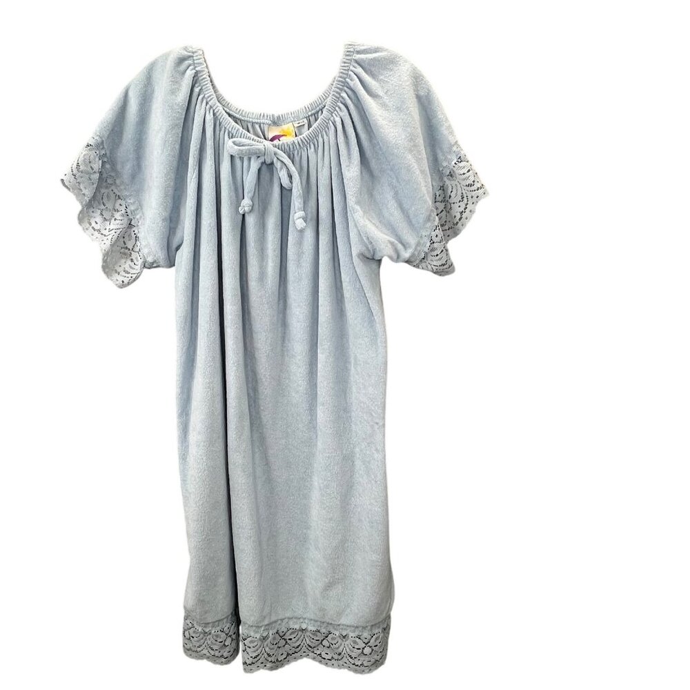 Vintage Sears Beached Swim Coverup Dress M Terry Cloth Lace Trim Blue Pockets